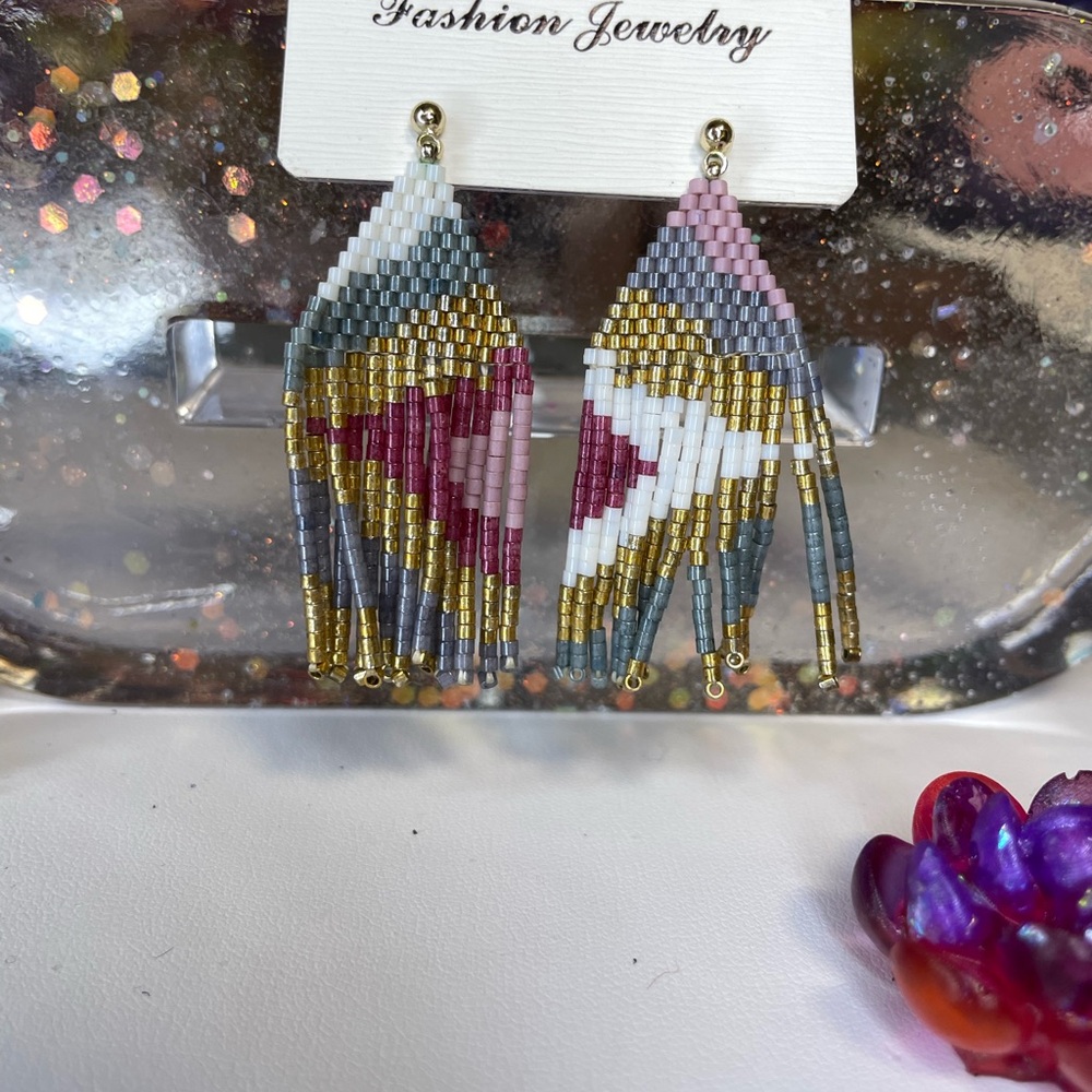 Multicolor Beaded Fringe Earrings Tribal Pattern